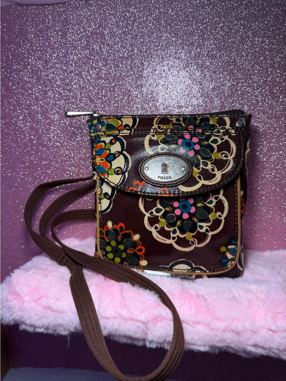 Fossil Key-Per Brown Floral Coated Canvas Crossbody Bag Y2K Boho Small
